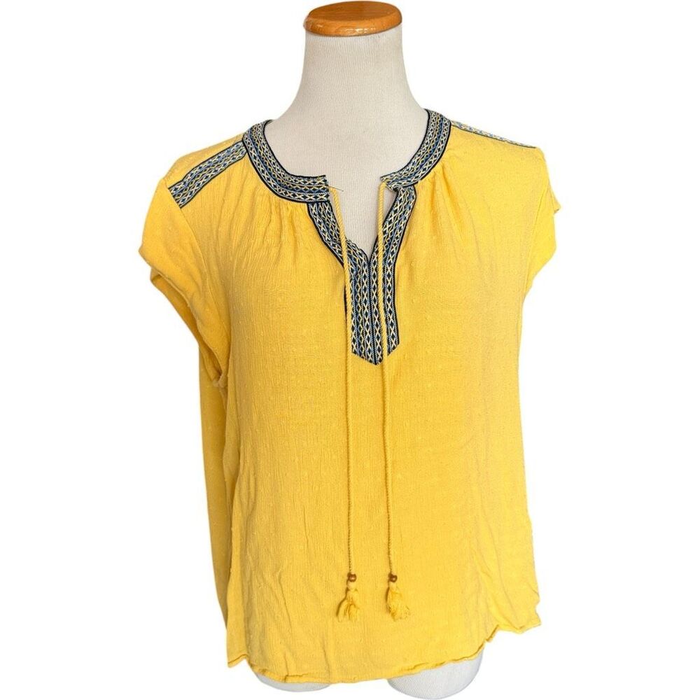 Womens Daniel Rainn Black Rainn Yellow Boho Tassel V Neck Sleeveless Top - Sz L